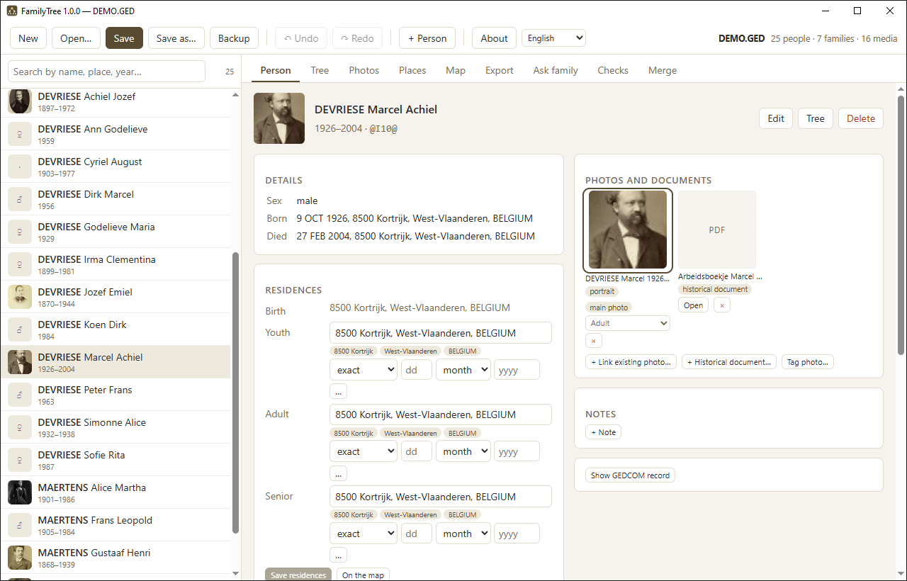 The person tab, showing details, parents, children and photographs
